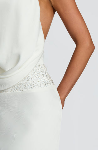 Elegant Ivory Satin Maxi Dress with Draped Cowl Neckline