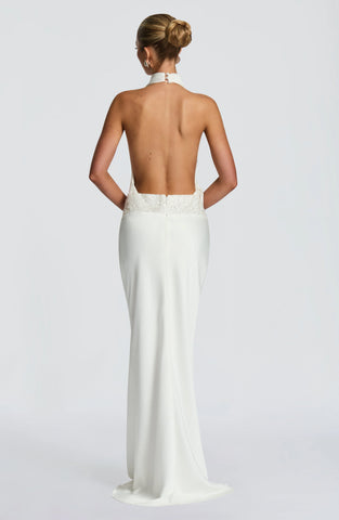 Elegant Ivory Satin Maxi Dress with Draped Cowl Neckline