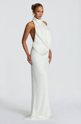 Elegant Ivory Satin Maxi Dress with Draped Cowl Neckline