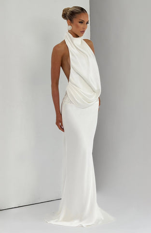 Elegant Ivory Satin Maxi Dress with Draped Cowl Neckline