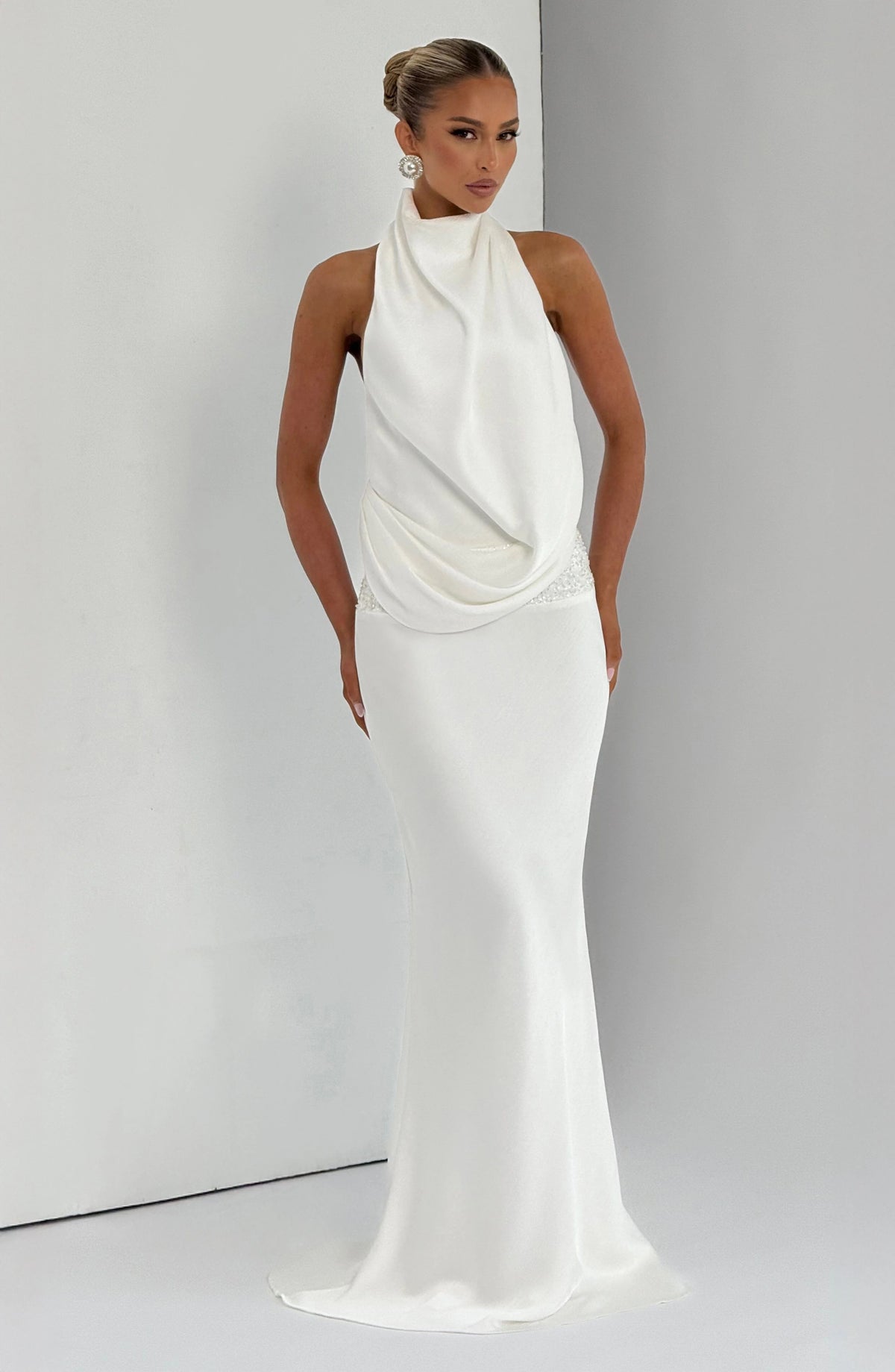 Elegant Ivory Satin Maxi Dress with Draped Cowl Neckline