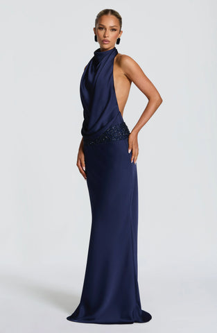 Elegant Navy Maxi Dress with Asymmetric Cowl and Embellished Waist