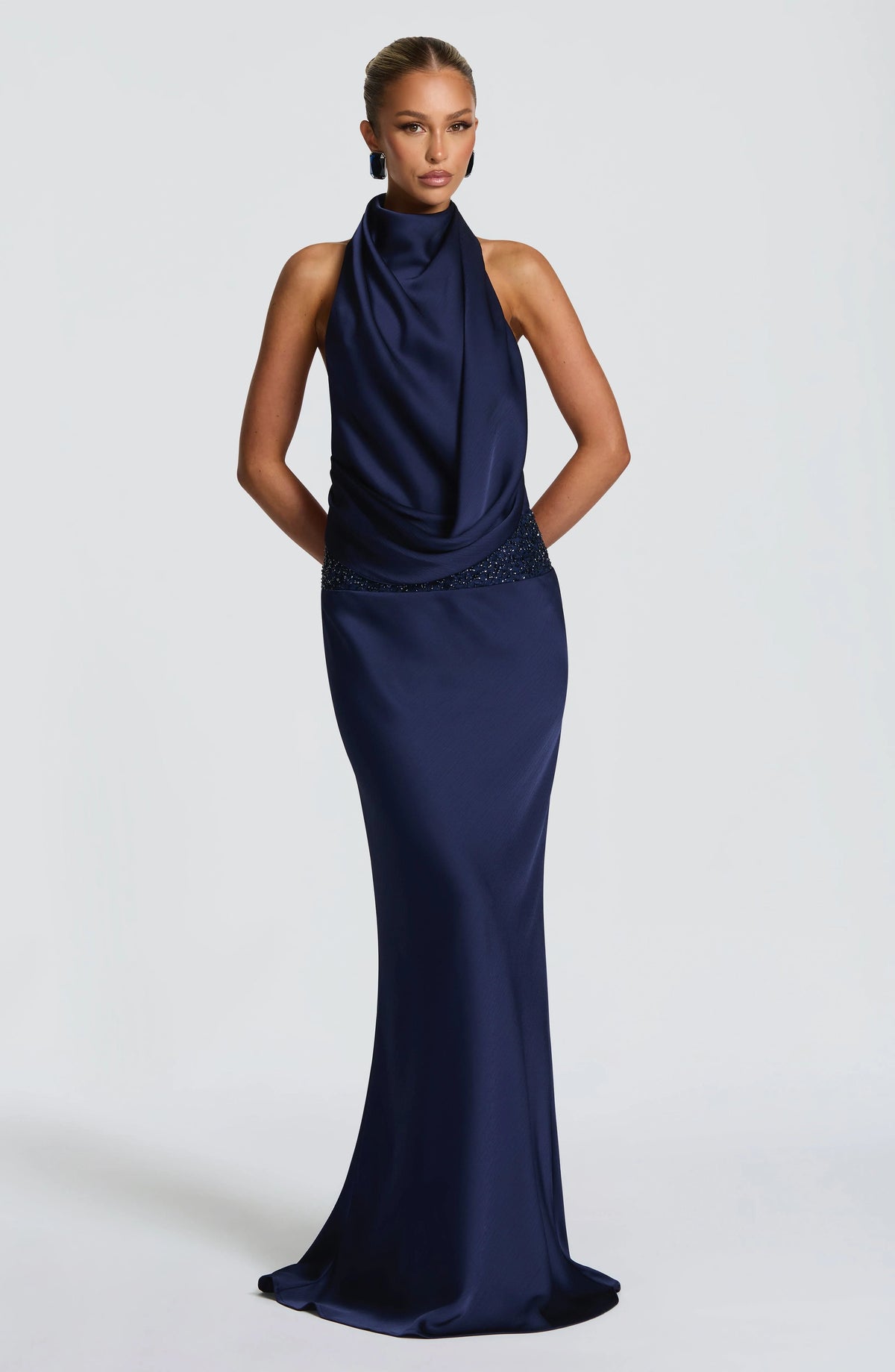 Elegant Navy Maxi Dress with Asymmetric Cowl and Embellished Waist