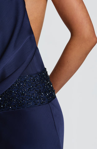 Elegant Navy Maxi Dress with Asymmetric Cowl and Embellished Waist