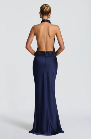 Elegant Navy Maxi Dress with Asymmetric Cowl and Embellished Waist