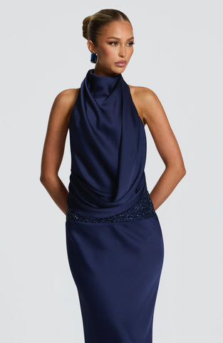 Elegant Navy Maxi Dress with Asymmetric Cowl and Embellished Waist