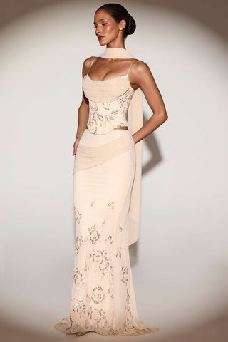 Ethereal Maxi Skirt with Floral Embroidery and Exaggerated Fishtail Hem