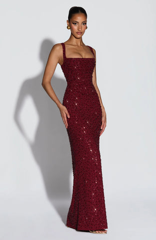 Burgundy Sparkle Maxi Dress with Lace-Up Back for Glamorous Evenings