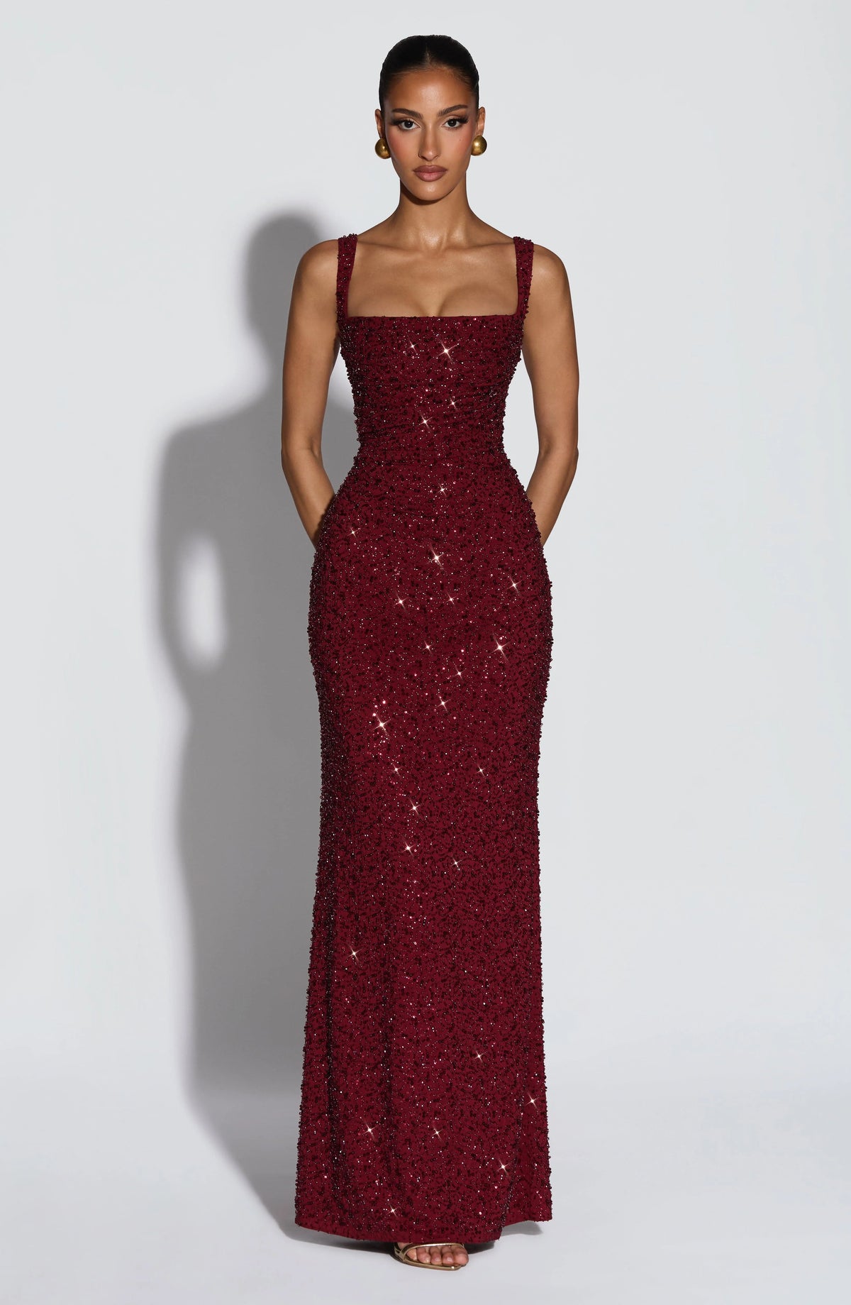 Burgundy Sparkle Maxi Dress with Lace-Up Back for Glamorous Evenings