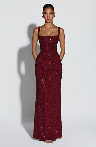 Burgundy Sparkle Maxi Dress with Lace-Up Back for Glamorous Evenings