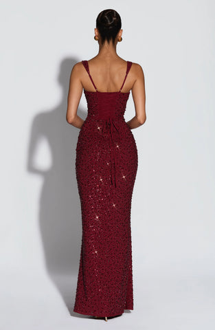 Burgundy Sparkle Maxi Dress with Lace-Up Back for Glamorous Evenings