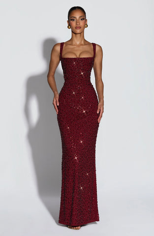 Burgundy Sparkle Maxi Dress with Lace-Up Back for Glamorous Evenings