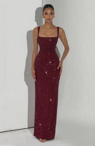 Burgundy Sparkle Maxi Dress with Lace-Up Back for Glamorous Evenings