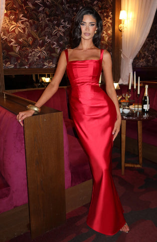 Elegant Red Satin Maxi Dress with Lace-Up Back and Square Neckline
