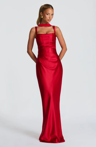 Elegant Red Satin Maxi Dress with Lace-Up Back and Square Neckline