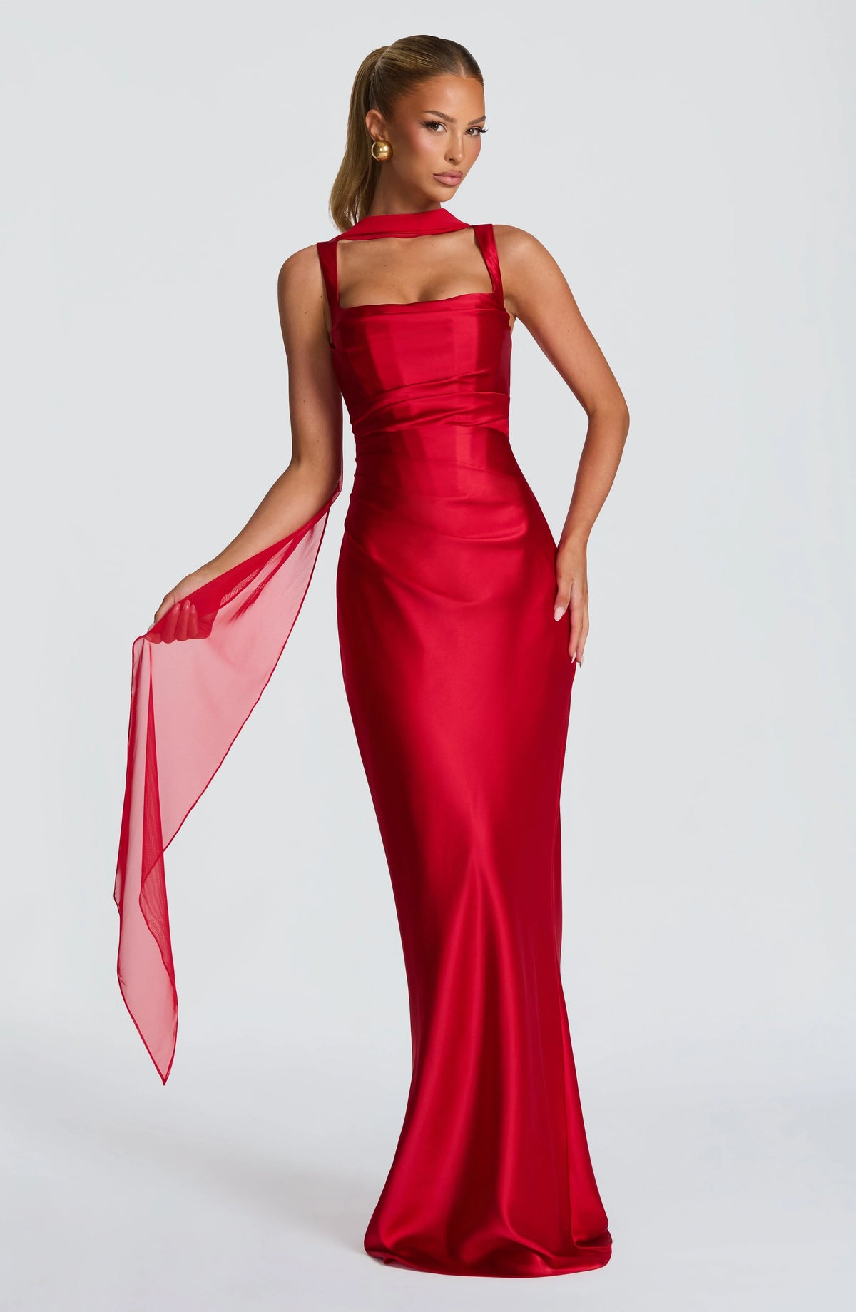 Elegant Red Satin Maxi Dress with Lace-Up Back and Square Neckline