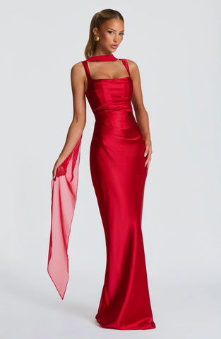 Elegant Red Satin Maxi Dress with Lace-Up Back and Square Neckline