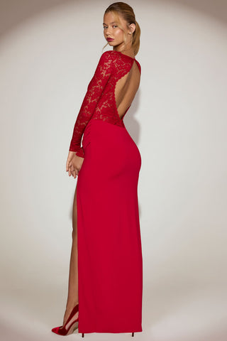 Sheer Satin Maxi Dress with Lace Overlay and Open Back