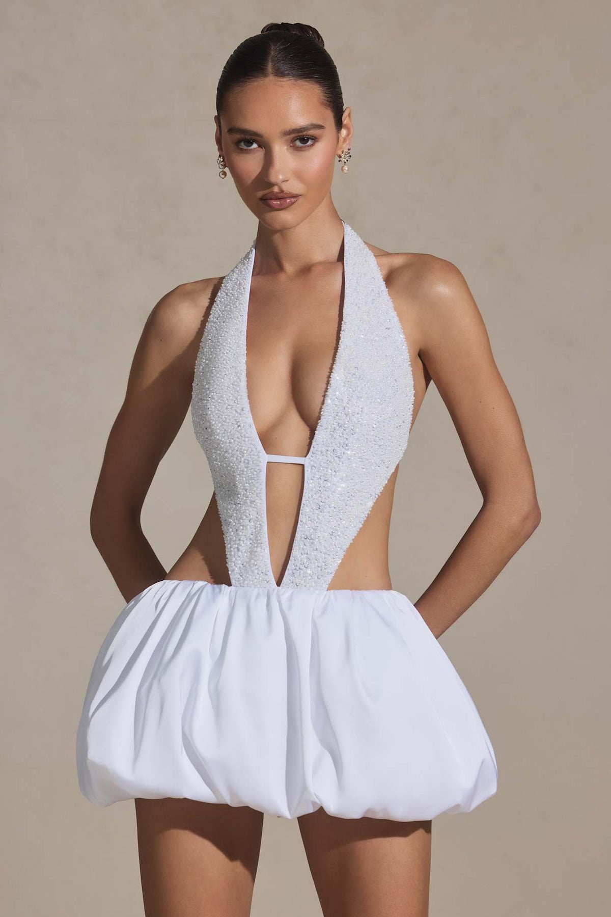 Pearl Embellished Bubble Hem Mini Dress for a Show-Stopping Evening