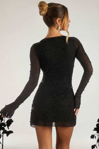 Pearl Embellished Mini Dress with Draped Neckline and High Split