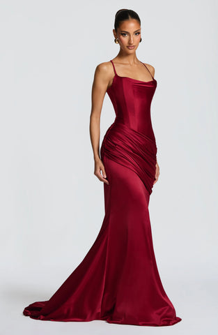 Elegant Burgundy Satin Gown with Corset & Dramatic Train