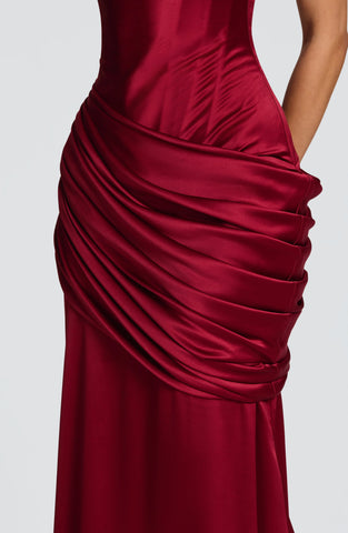 Elegant Burgundy Satin Gown with Corset & Dramatic Train