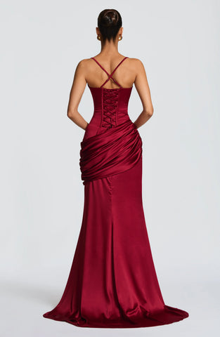 Elegant Burgundy Satin Gown with Corset & Dramatic Train