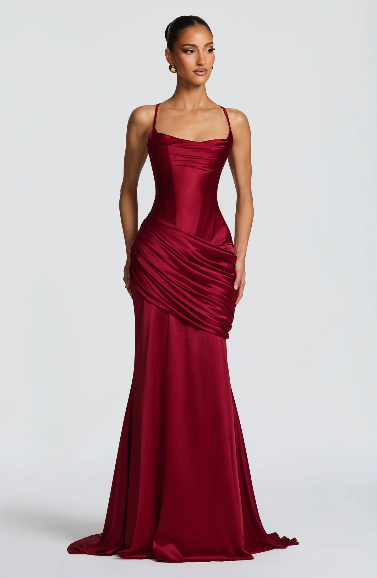 Elegant Burgundy Satin Gown with Corset & Dramatic Train