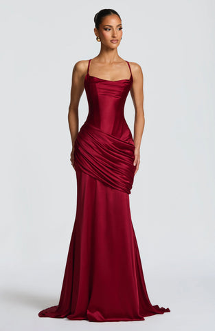 Elegant Burgundy Satin Gown with Corset & Dramatic Train