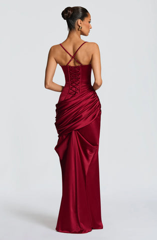 Elegant Burgundy Satin Gown with Corset & Dramatic Train