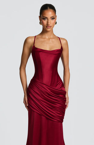 Elegant Burgundy Satin Gown with Corset & Dramatic Train