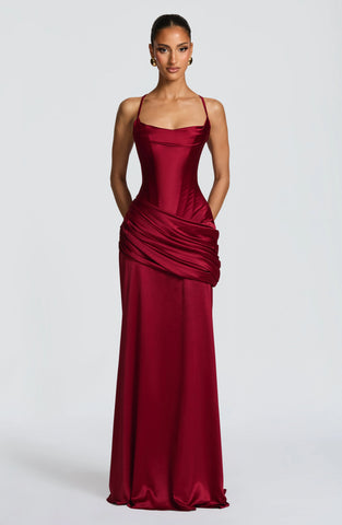 Elegant Burgundy Satin Gown with Corset & Dramatic Train