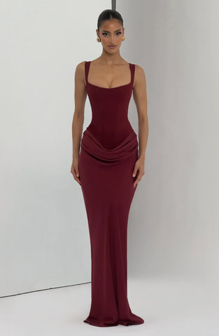Burgundy Maxi Dress with Lace-Up Back for Effortless Evening Style