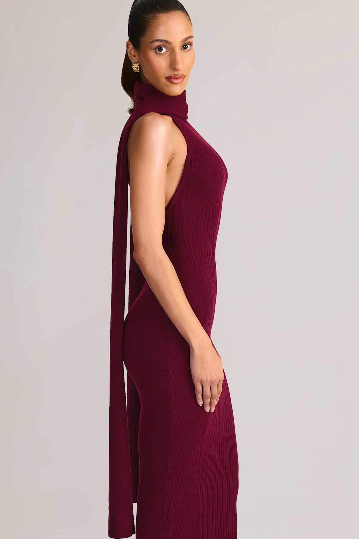 Velvet Ribbed Maxi Dress with Dramatic Scarf and Open Back