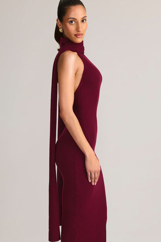 Velvet Ribbed Maxi Dress with Dramatic Scarf and Open Back