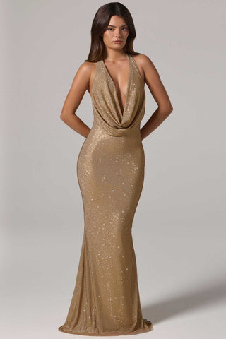Sparkling Mesh Evening Gown with Dramatic Plunge Neck and Sweeping Train