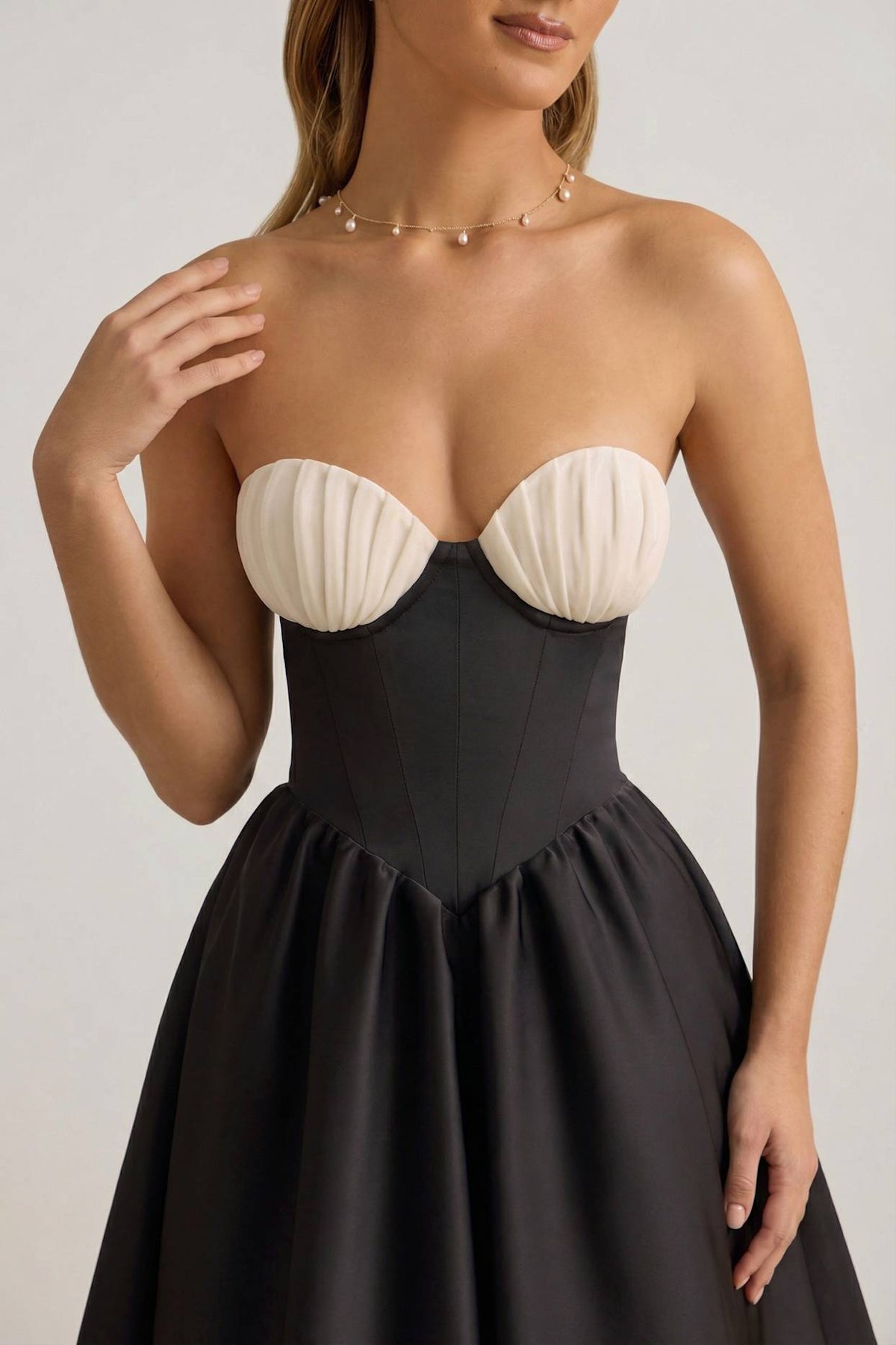 Elegant Satin Midi Dress with Corset Bodice for Timeless Events