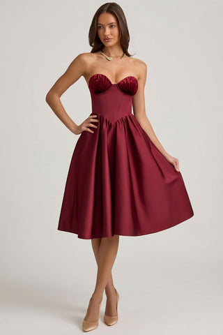Elegant Satin Midi Dress with Corset Bodice for Timeless Events