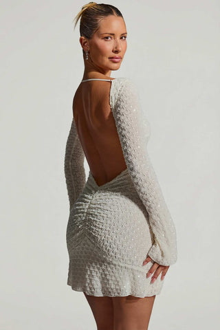 Sparkling Scalloped Crystal Mini Dress for a Sultry Low Back Look