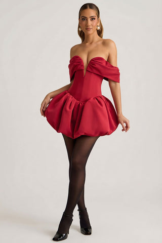 Off-Shoulder Mini Dress with Corset Bodice & Bubble Hem for Holiday Glamour