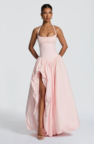 Blush Pink Maxi Dress with Lace-Up Back and Puffball Skirt