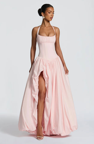Blush Pink Maxi Dress with Lace-Up Back and Puffball Skirt