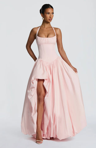 Blush Pink Maxi Dress with Lace-Up Back and Puffball Skirt