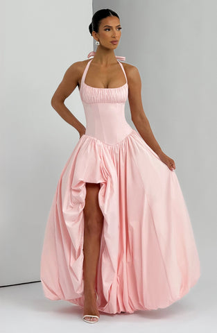 Blush Pink Maxi Dress with Lace-Up Back and Puffball Skirt