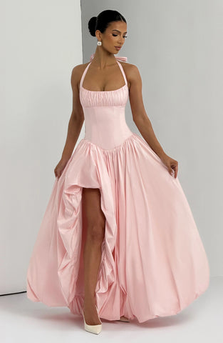 Blush Pink Maxi Dress with Lace-Up Back and Puffball Skirt