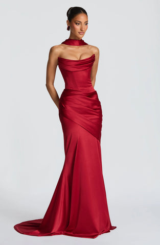 Deep Red Maxi Dress with Lace-Up Back and Elegant Draped Train