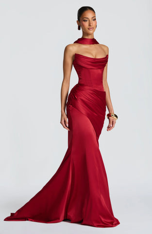 Deep Red Maxi Dress with Lace-Up Back and Elegant Draped Train