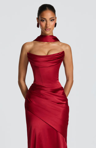 Deep Red Maxi Dress with Lace-Up Back and Elegant Draped Train