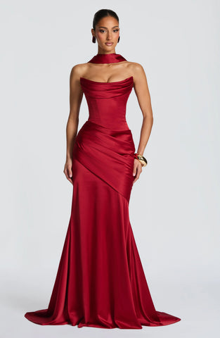 Deep Red Maxi Dress with Lace-Up Back and Elegant Draped Train