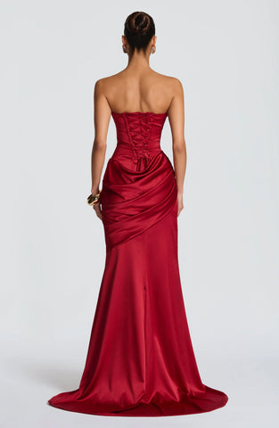 Deep Red Maxi Dress with Lace-Up Back and Elegant Draped Train